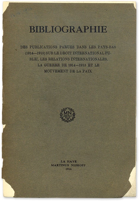 Item #12031 Bibliographie des Publications parues dans les Pays-bas. Martinus Nijhoff. Bookseller's Catalogue 1916.