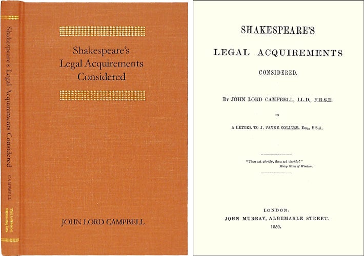 Item #30762 Shakespeare's Legal Acquirements Considered. Baron John Campbell.