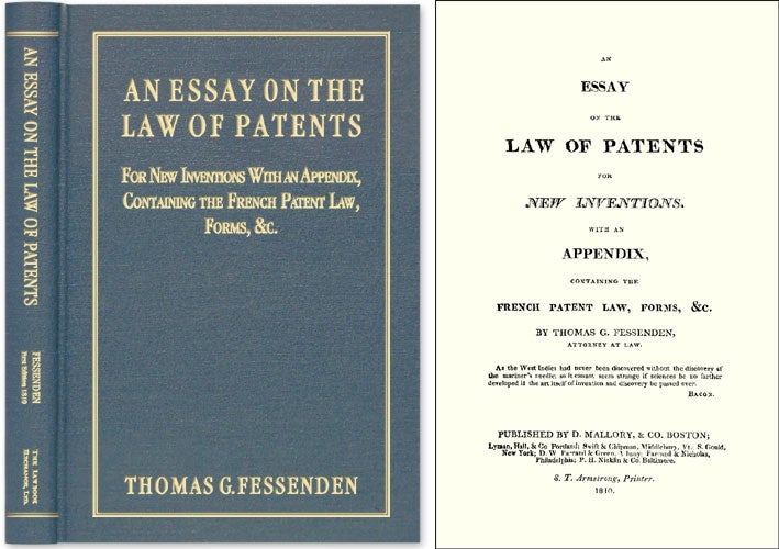 Item #36969 An Essay on the Law of Patents for New Inventions. With an Appendix. Thomas G. Fessenden.