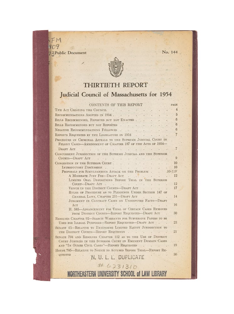Item #39449 Thirtieth Report: Judicial Council of Massachusetts for 1954. Massachusetts.