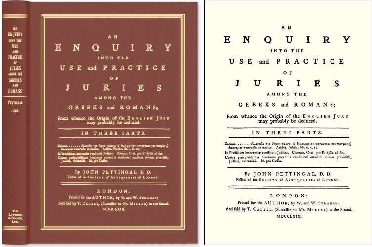 Item #45535 An Enquiry Into the Use and Practice of Juries Among the Greeks. John Pettingal.