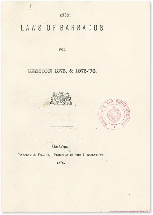 Item #51118 Laws of Barbados for Session 1875-1879, 1881-1882, 1889-1890. 5 vols. Barbados.