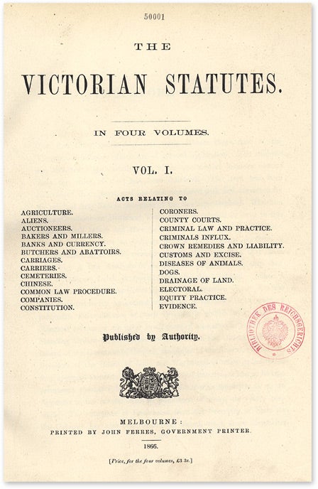 Item #51317 The Victorian Statutes. Published by Authority. 4 Volumes. 1866. Australia, Victoria.