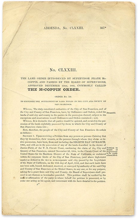 Item #51682 No. CLXXIII. The Land Order Introduced by Supervisor Frank McCoppin. San Francisco Land Titles, McCoppin Order.