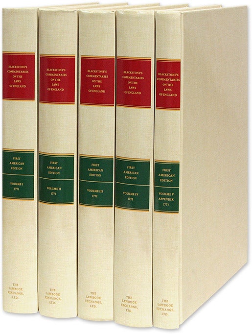 Item #53426 Commentaries on the Laws of England. 1st American ed w/Appendix 5 Vols. Sir William Blackstone, Philadelphia Robert Bell.
