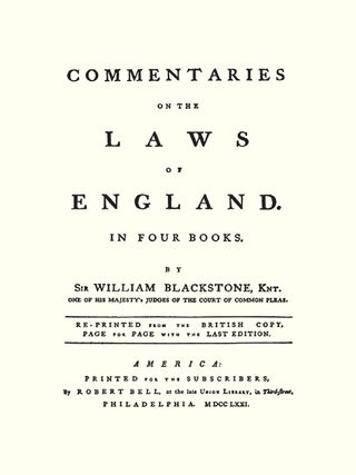 Commentaries on the Laws of England. 1st American ed w/Appendix 5 Vols