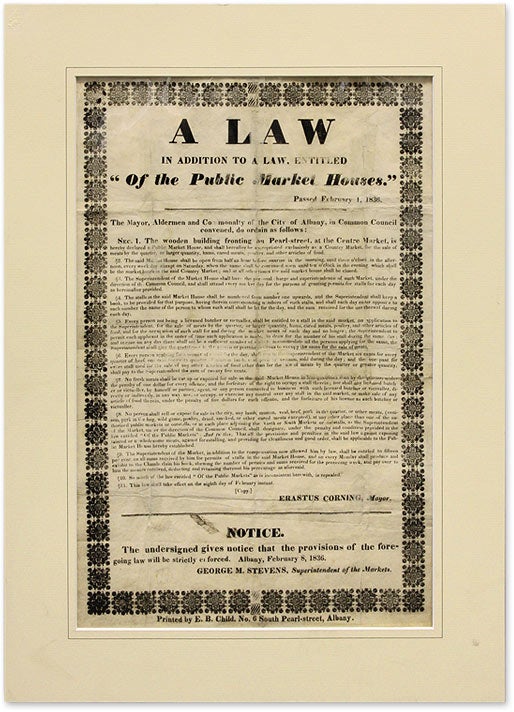 Item #57399 A Law in Addition to a Law, Entitled "Of the Public Market Houses." New York Broadside. Albany.