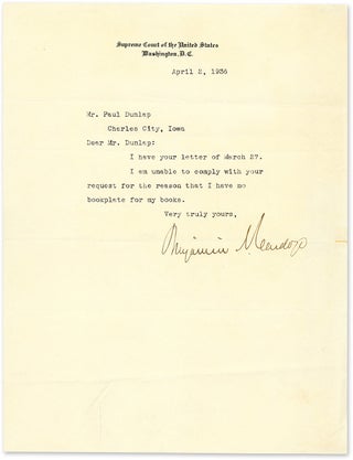 Item #59289 Typewritten Letter Signed On Supreme Court Stationary Washington 1936. Manuscript,...