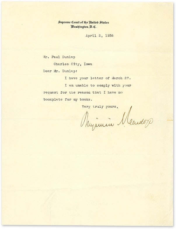 Item #59289 Typewritten Letter Signed On Supreme Court Stationary Washington 1936. Manuscript, Benjamin N. Cardozo.