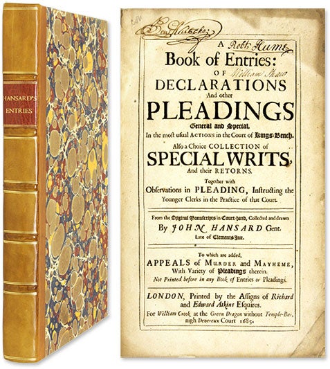 Item #60864 A Book Of Entries: Of Declarations and Other Pleadings General and. John Hansard, Compiler.