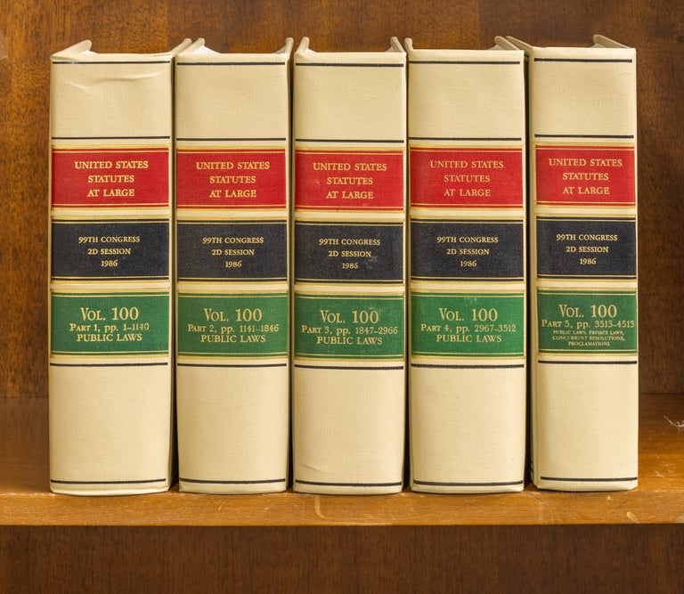 Item #61437 United States Statutes at Large. Volume 100, in 5 books (1986). United States Congress. 99th Congress 2d Session.