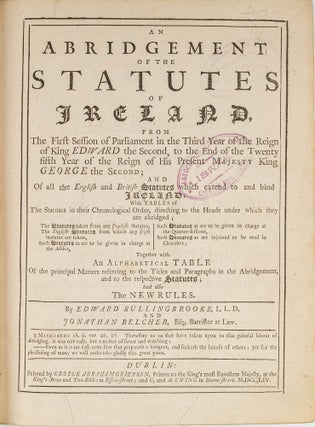 Item #62009 An Abridgement of the Statutes of Ireland, From the First Session. Edward...