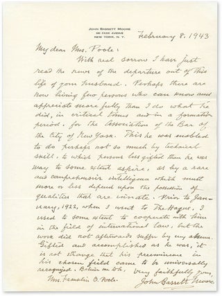 Item #64083 Autograph Letter, Signed, To Poole, February 8, 1943. Manuscript, John Bassett Moore,...