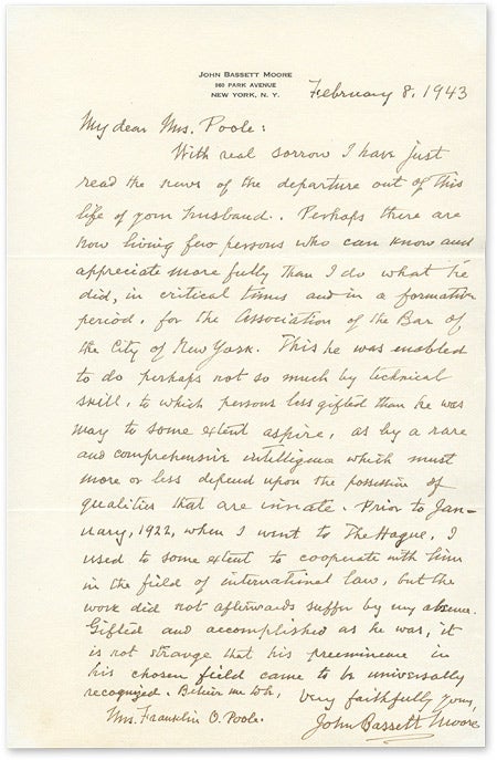 Item #64083 Autograph Letter, Signed, To Poole, February 8, 1943. Manuscript, John Bassett Moore, Mrs Frank Poole.