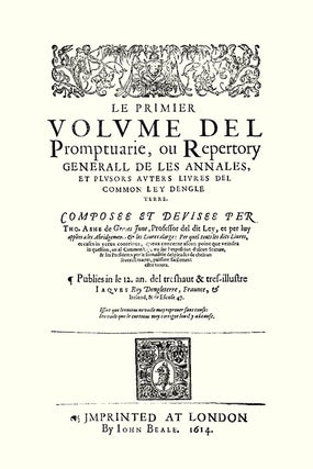 Le Premier Volume del Promptuarie, Ou Repertory Generall de les 2 vols