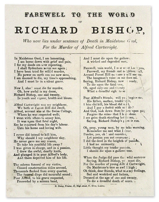 Item #65858 Farewell to the World of Richard Bishop, Who Now Lies Under Sentence. Broadside, Execution, Richard Bishop.