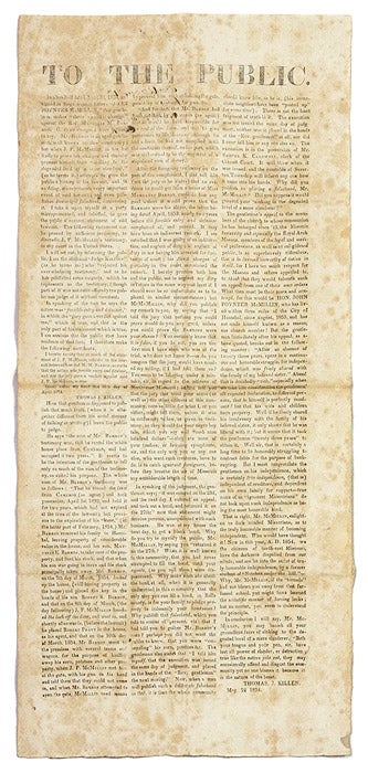 Item #66033 To The Public, In A Handbill Dated April 21, 1854, And Signed In. Broadside, Thomas J. Killen.