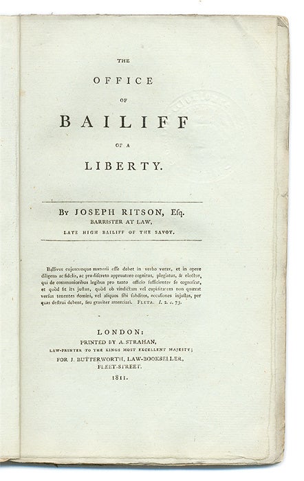 Item #66105 The Office of Bailiff of a Liberty, Only Edition, London, 1811. Joseph Ritson, Joseph Frank.