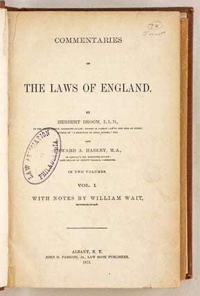 Commentaries on the Laws of England. 2 Vols. Albany, NY. 1875
