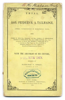 Item #66481 Trial of Hon Frederick A Tallmadge, General Superintendent of. Trial, Frederick A...