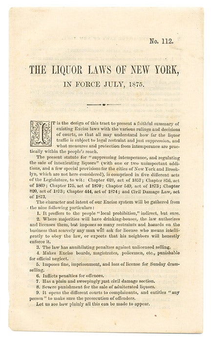 Item #66482 The Liquor Laws of New York, In Force July, 1875. National Temperance Society, Publication House.