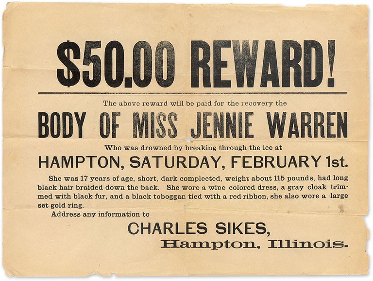 Item #66485 $50.00 Reward! The Above Reward will be Paid for the Recovery. Broadside, Accidental Death, Illinois.
