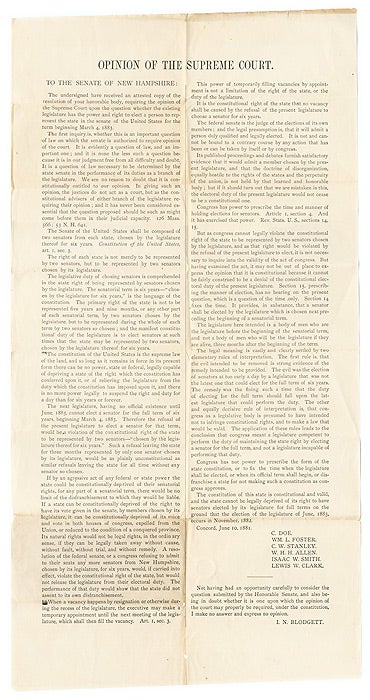 Item #66489 Opinion of the Supreme Court, To The Senate of New Hampshire. Broadside, New Hampshire, U S. Constitution.