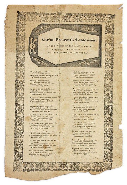 Item #66538 Abr'm Prescott's Confession of the Murder of Mrs. Sally Cochran. Broadside, Murder, Private Individual at the Bar.