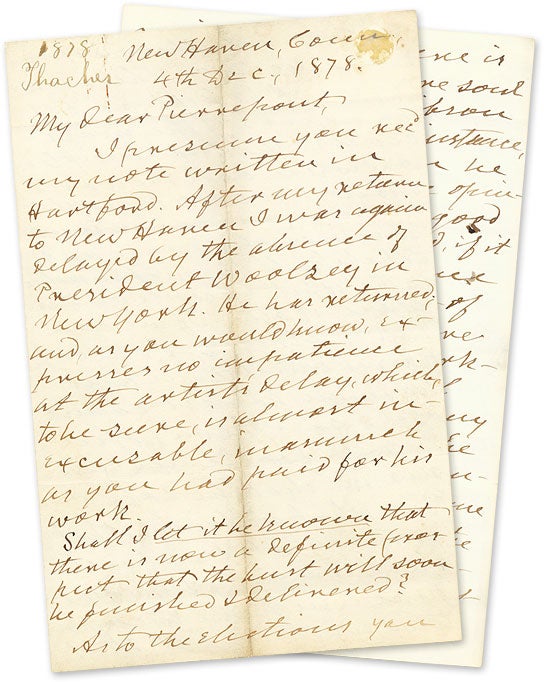 Item #66585 Autograph Letter, Signed, To Edwards Pierrepont, New Haven, 1878. Manuscript, Thomas Thacher, Edwards Pierrepont.