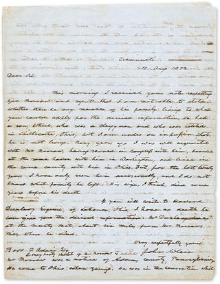 Item #66616 Autograph Letter, Signed, To Jeremiah Morrow, Cincinnati, August 10. Manuscript, John...