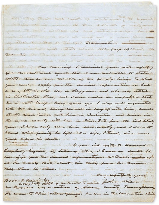 Item #66616 Autograph Letter, Signed, To Jeremiah Morrow, Cincinnati, August 10. Manuscript, John McLean, Jeremiah Morrow.