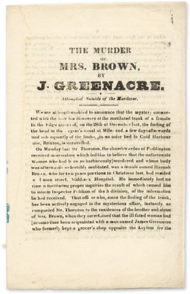 Item #66646 The Murder of Mrs. Brown, by J. Greenacre, Attempted Suicide of the. James Greenacre,...