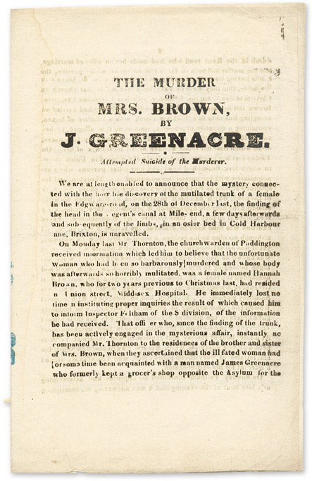 Item #66646 The Murder of Mrs. Brown, by J. Greenacre, Attempted Suicide of the. James Greenacre, Sarah Gale.