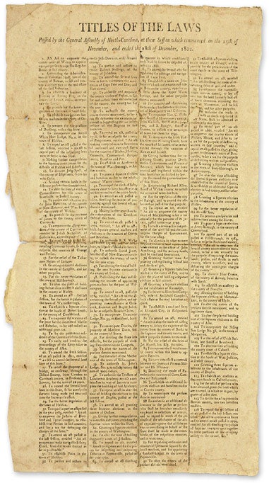 Item #66717 Titles of the Laws Passed by the General Assembly of North-Carolina. Broadside, North Carolina.
