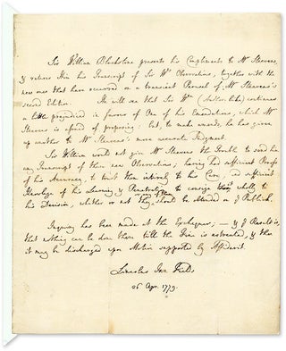 Item #67020 Autograph Letter (in Third Person) to George Steevens, 1779. Manuscript, Sir William...