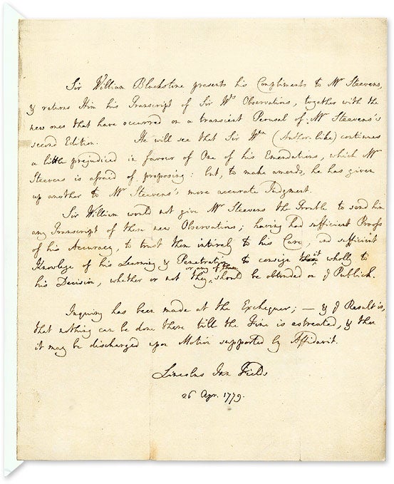 Item #67020 Autograph Letter (in Third Person) to George Steevens, 1779. Manuscript, Sir William Blackstone, G. Steevens.