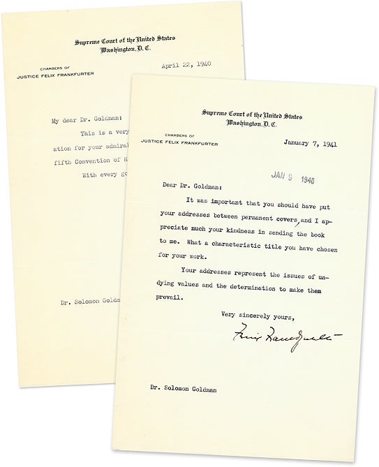 Item #67463 Two Typed Letters, Signed, On U.S. Supreme Court Letterhead, 1940-41. Manuscript, Felix Frankfurter, Soloman Goldman.