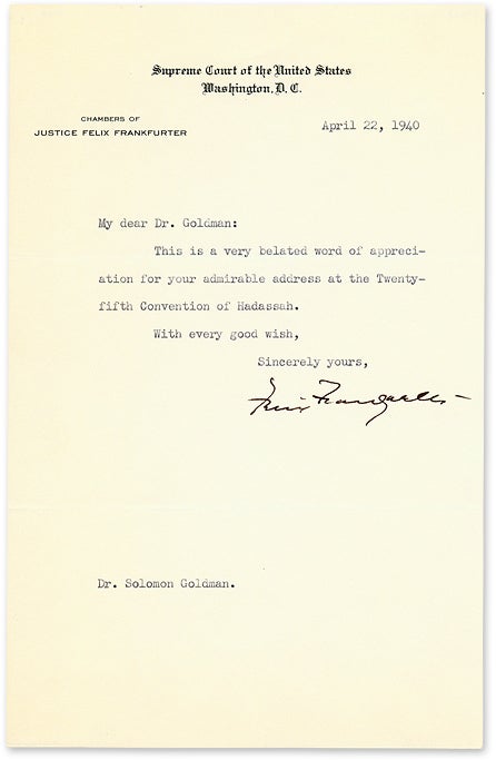 Courthouse Lettering Paper Two Typed Letters, Signed, On U.S. Supreme Court Letterhead, 1940-41 ...