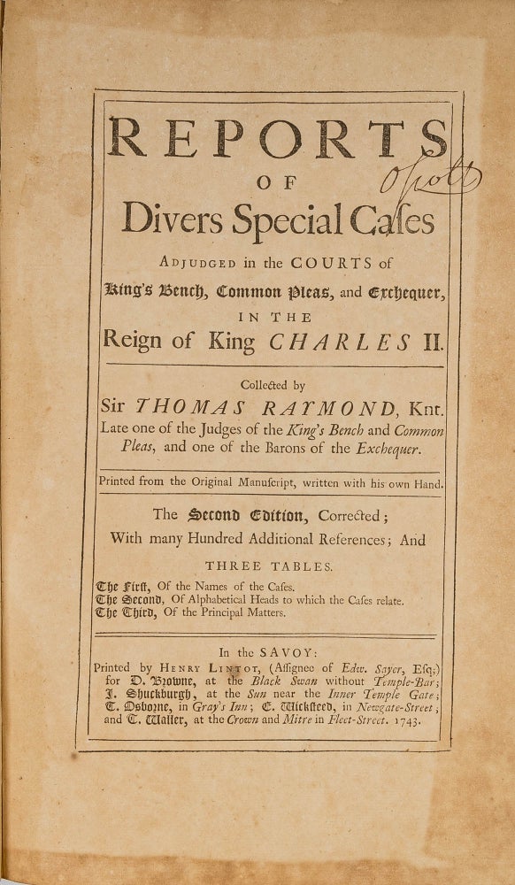 Item #68228 Reports of Divers Special Cases Adjudged in the Courts of King's. Sir Thomas Raymond, Compiler.