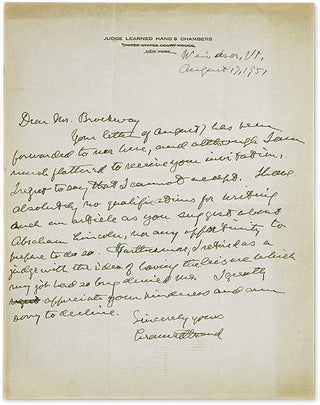 Autograph Letter, Signed, Windsor, VT, August 17, 1951. Manuscript, Learned Hand.