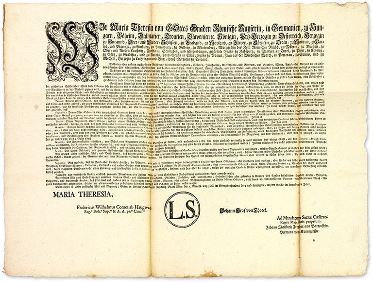 Item #68702 Decree Regulating Money Lending in the Army. Broadside, 1753. Broadside, Theresa Maria, Holy Roman Empress.