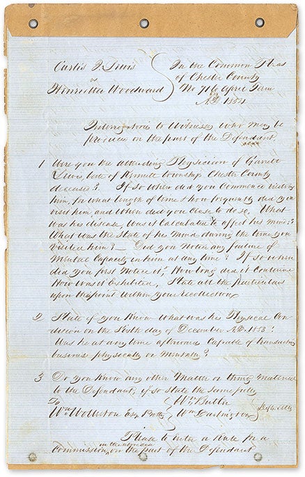 Item #68706 1854 Legal Interrogatory of a North Carolina Medical Doctor. Manuscript, Wills, Mental Fitness, Garrett Lewis.