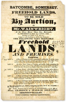 Item #68822 Freehold Lands, To be Sold by Auction, By Mr. Wainwright, At the Three. Broadside,...