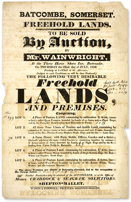 Item #68822 Freehold Lands, To be Sold by Auction, By Mr. Wainwright, At the Three. Broadside, Land Auction, Great Britain, Batcombe.