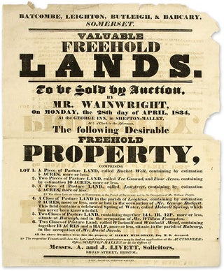 Item #68823 Valuable Freehold Lands, To be Sold by Auction, By Mr Wainwright. Broadside, Land...