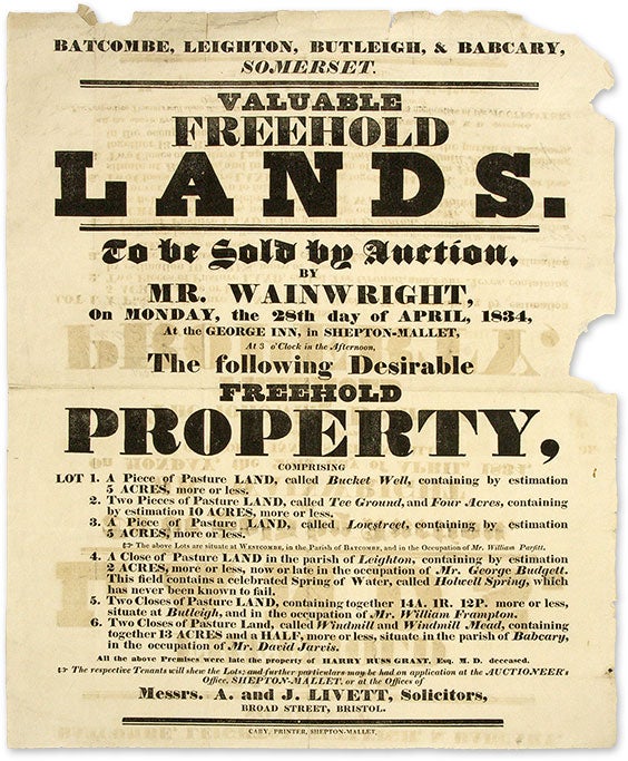 Item #68823 Valuable Freehold Lands, To be Sold by Auction, By Mr Wainwright. Broadside, Land Auction, Great Britain, Batcombe.