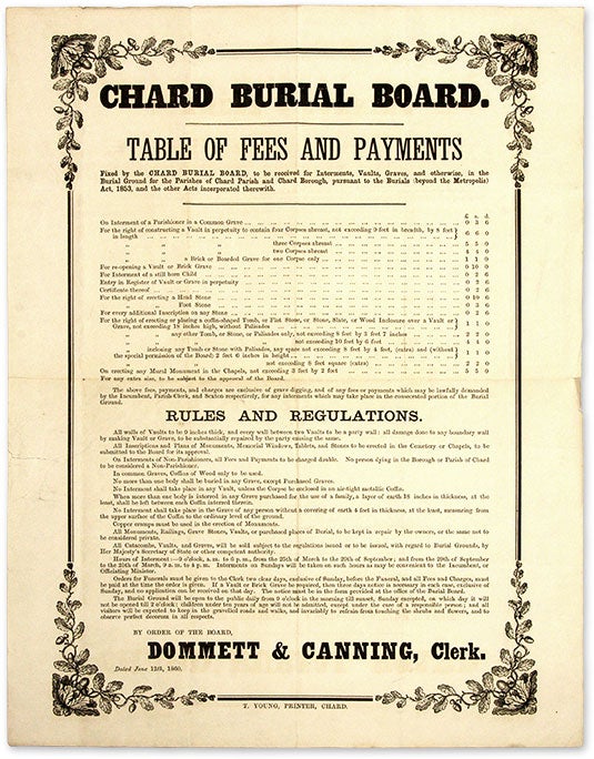 Item #68824 Table of Fees and Payments Fixed by the Chard Burial Board, To be. Broadside, Funerals, Chard Burial.