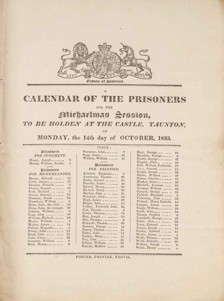 Item #68826 A Calendar of the Prisoners for the Michaelmas Season, To be Holden. Criminals, Great Britain.