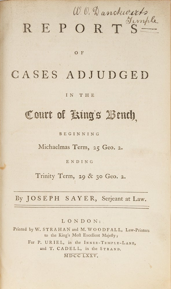 Item #68869 Reports of Cases Adjudged in the Court of King's Bench, Beginning. Joseph Sayer, Reporter.