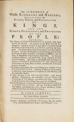 Item #68878 The Judgment of Whole Kingdoms and Nations, Concerning the Rights. John Somers, John...